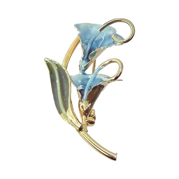 Blue Calla Lily Flower Brooch Pin 1.75" Gold Tone Enamel Cottagecore - Picture 5 of 9
